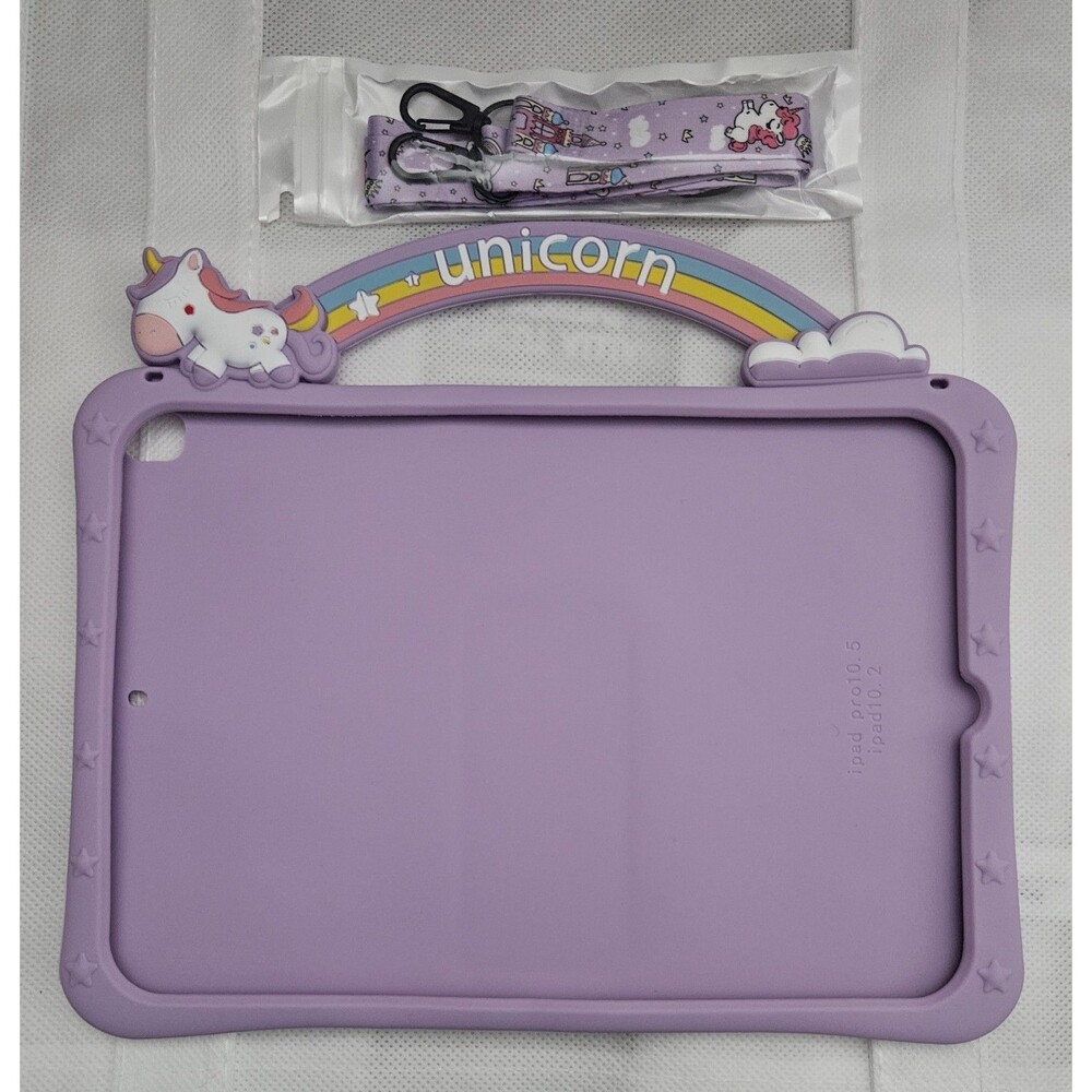 For Kids Tablets Size 10.2 & 10.5 Purple Unicorn Silicone Case w/ Shoulder Strap